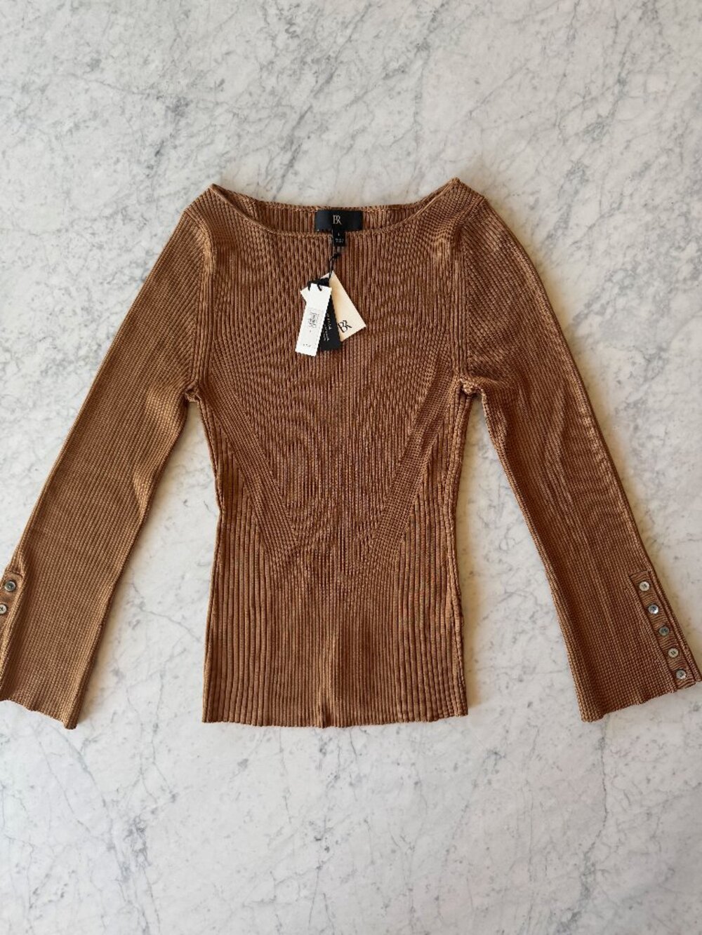B Republic Ribbed Knit Sweater Top NWT | Camel | Button Cuff | Size L